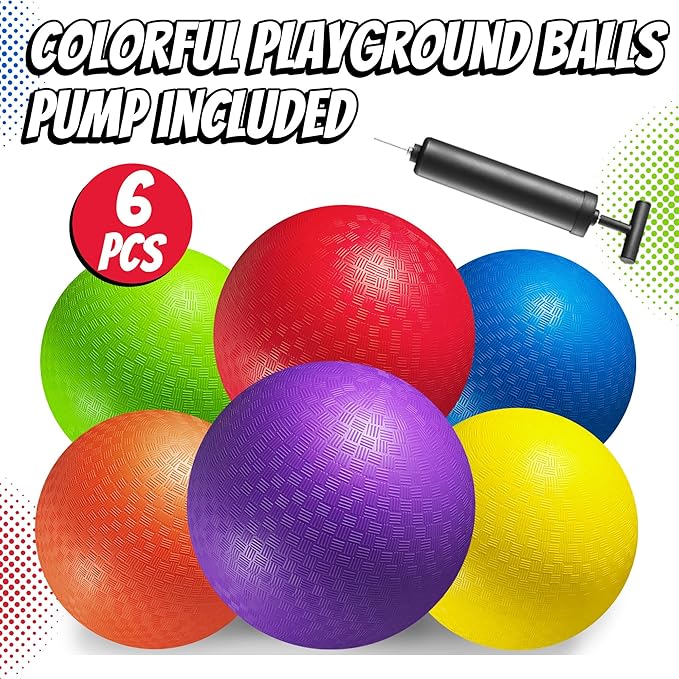 7-inch Dodgeballs For Kids & Adults (6 Pack) - Rubber Kickball Playground Four Square Balls With Pump - Colorful Indoor Or Outdoor Play Sports Balls For School PE Class, Recess, Backyard Game