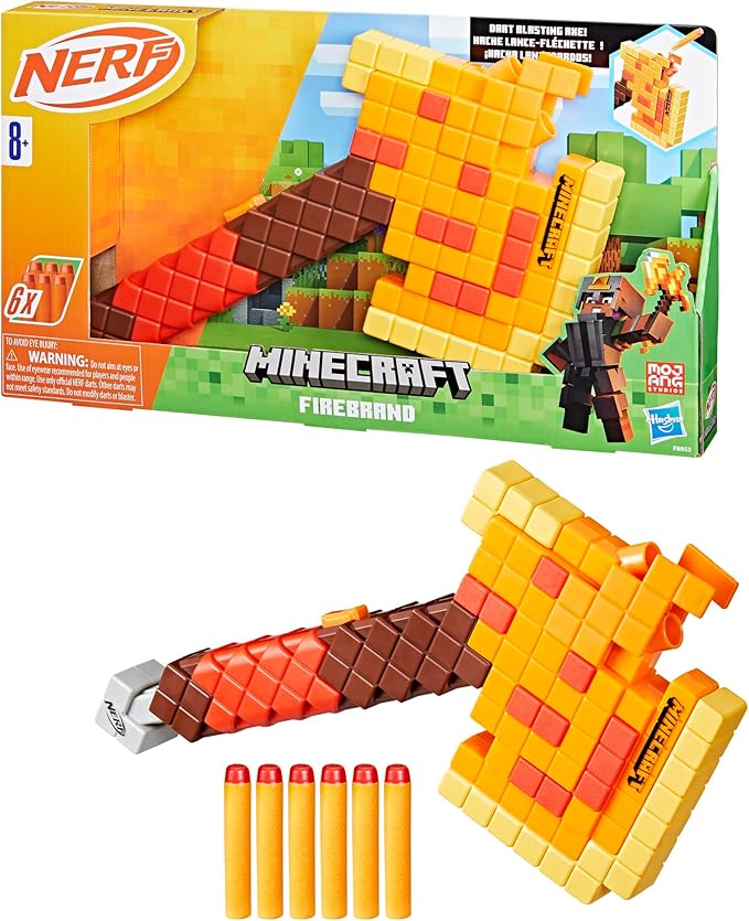 Nerf Minecraft Firebrand, Dart Blasting Axe, 6 Elite Foam Darts, Design Inspired by Minecraft Axe in The Game, Pull Down Priming, Minecraft Toys
