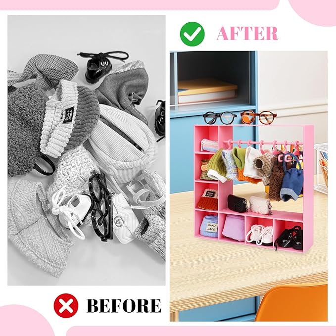 Doll Clothes Closet/Wardrobe Large Plus 10 Hangers, Doll Accessories Display Box, Clothes Storage for Figures, Portable Storage for Fashion Doll Clothes, Gift (Pink)