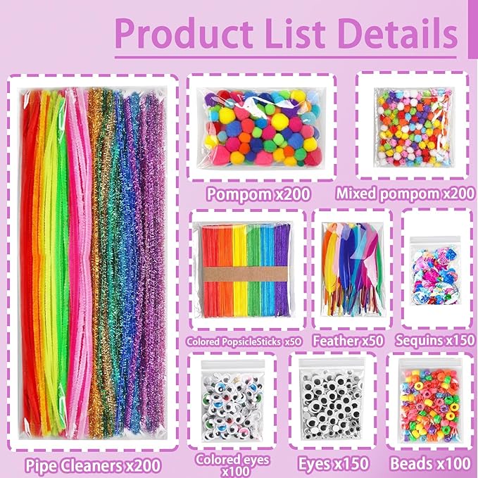 FUNZBO 1200pcs+ Easter Craft Kits with Pipe Cleaners, Pom Poms for Crafts, Popsicle Sticks for Craft, Arts & Crafts Supplies for Kids Ages 4-8 Girls & Boys Birathday Gifts