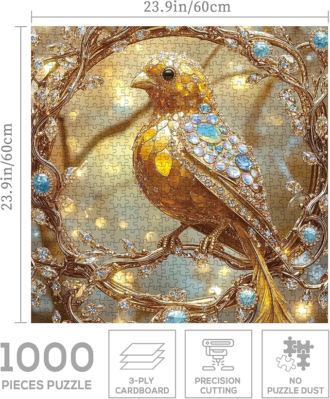 Bird Gem Jewel Puzzle 1000 Pieces for Adults, Canary Diamond Tree Colorful Jigsaw Puzzle, Golden Vintage Animal Art Puzzles