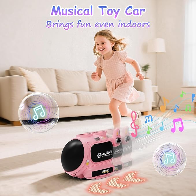 4-in-1 Music Jumping Toy Car,Dual Rotating Poles for Jumping & Dodging,Auto Flying Disc Launcher with Catching Net,Spinning Pole for Ring Toss,Kids outdoor toys,Games for Kids Boys and Girls (Pink)