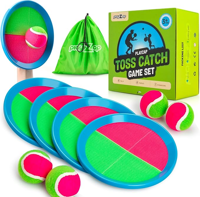 PlayZap Toss and Catch Ball Set - Outdoor Toys for Kids Games - Outside Yard Pool Beach Toys for 3 4 5 6 7 8+ Years Old Boys Girls - Birthday Gift Easter Basket Stuffers