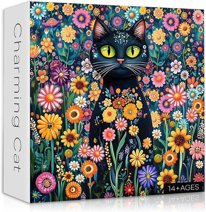 Cat Jigsaw Puzzle for Adults 1000 Pieces, Black Cat Garden Flowers Plants, Kitten Animal Themed Puzzle, Challenging for Adults Kitty