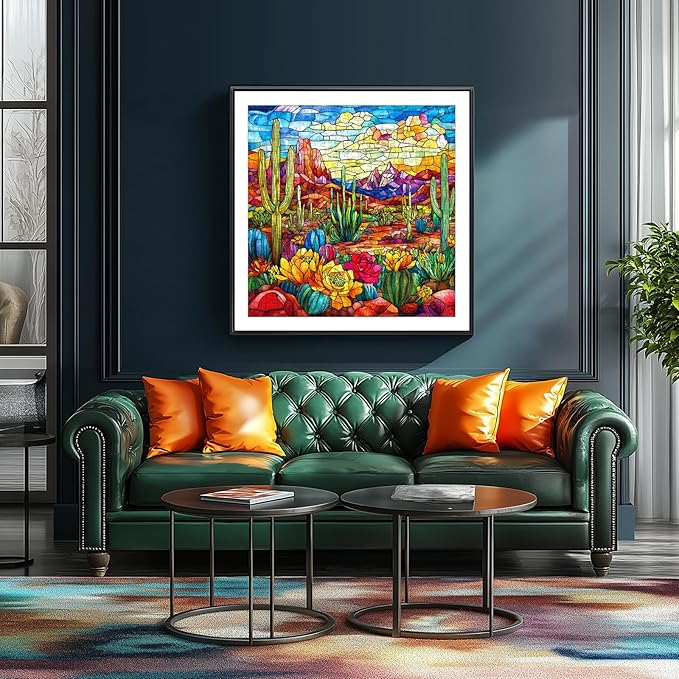 Stained Glass Desert Landscape Jigsaw Puzzle for Adults 500 Piece, Colorful Cactus and Mountain Scene Difficult Puzzles Perfect for Game Night, Gift for Nature Lover, Relaxing & Decor, 20x20 in