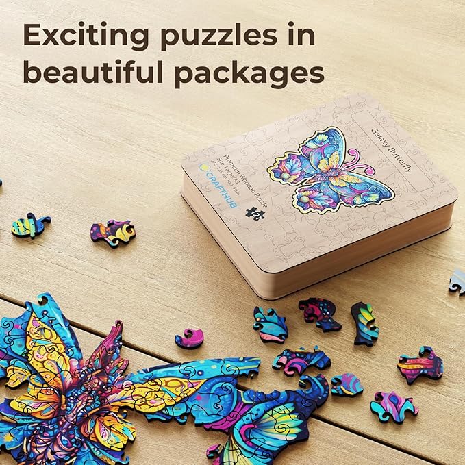 CRAFTHUB Animal Wooden Puzzles for Adults – A4 Galaxy Butterfly with 75 Pieces Wood Puzzles – Jigsaw Puzzles with Unique Animal Shapes – 9.1" x 7.6"