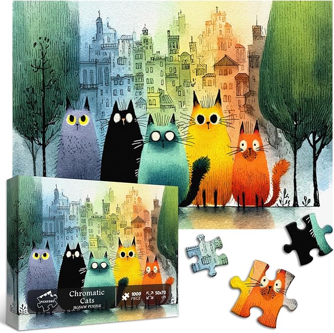 PICKFORU Gradient Cat Puzzles for Adults 1000 Pieces, Colorful City Jigsaw Puzzle, Cute Kitten Puzzle as Wall Art Decor