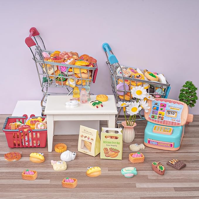 180 Pcs Dollhouse Miniature Kitchen Accessories Shopping Cart Basket Mini Food Drinks Dollhouse Store Grocery Supermarket Metal Handcart Party Model Shelves Cash Register Refrigerator