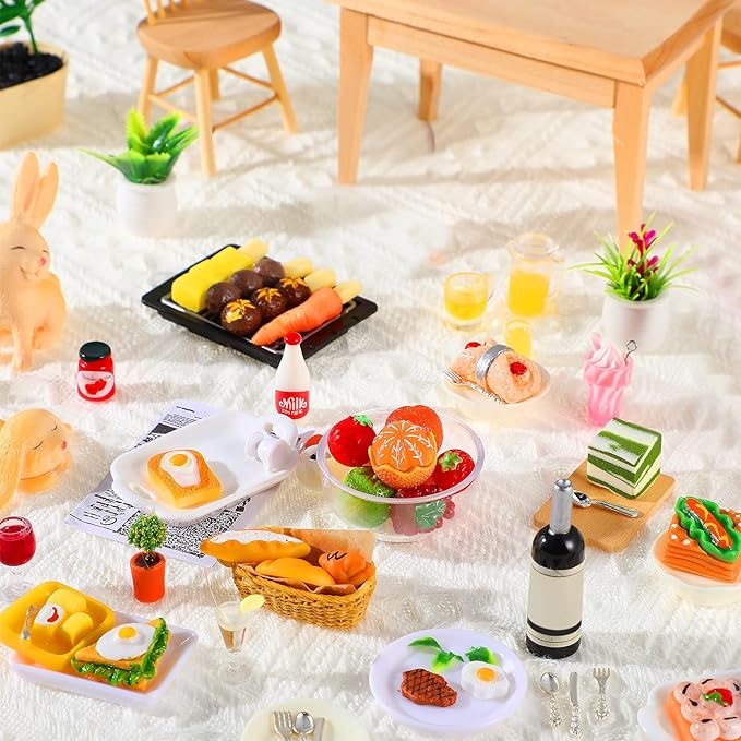 HyDren 74 Pcs 1:12 Scale Dollhouse Miniature Food with Wooden Dollhouse Furniture of Table and Chair, Mini Kitchen Accessories Sets Include Mini Milk Juice Knife Fork Spoon Dessert Cake BBQ