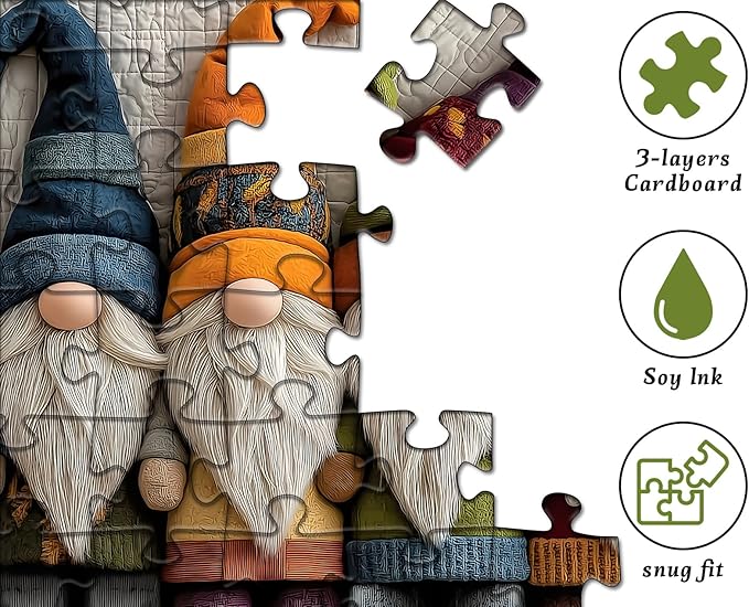 Colorful Gnome Puzzles for Adults 1000 Pieces, Quilted Patchwork Art Gnome Jigsaw Puzzle, Funny Unique Challenge for Adults