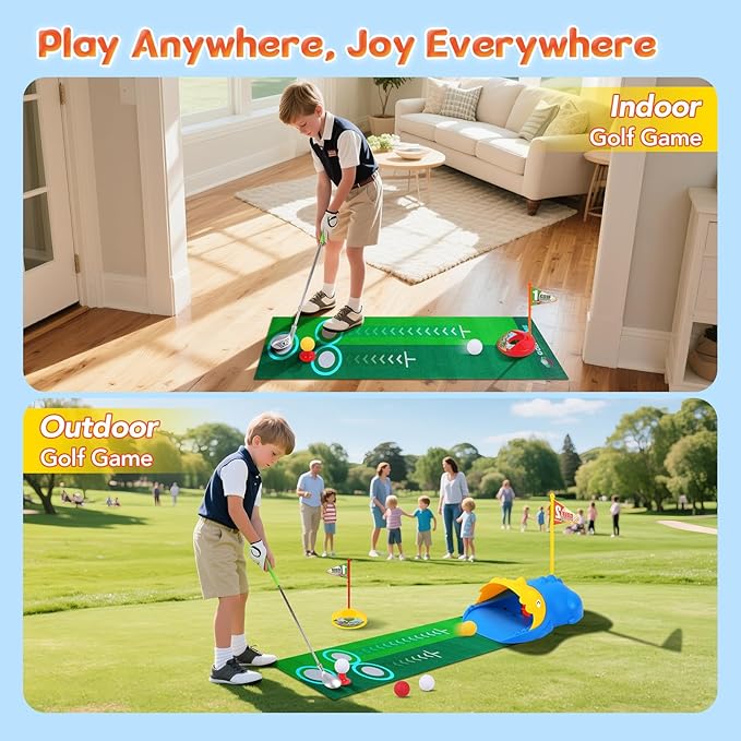 PINKPEACH Toddler Golf Set, 3-8 Kids Set with Automatic Ball Return, Mat, Glow Balls, Balls, 3 Clubs & Tees, Indoor & Outdoor Sports Game Toys for 3 4 5 6 7 8 Years Old Boys Girls