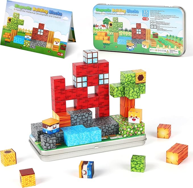 Mini Magnetic Blocks Travel Set, 35PCS Magnetic Blocks Travel Toys for Kids Ages 3-5 4-8, Portable Magnet Cubes Preschool Learning Toys with Portable Iron Storage Box Christmas Birthday