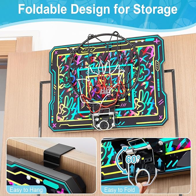 Indoor Mini Basketball Hoop, Over The Door Basketball Hoop with LED Lights/Scoreboard/4 Balls, Upgraded Reinforced Backboard Frame, Basket Ball Toys Gift for Kids Ages 3-5-12+ Boys Girls