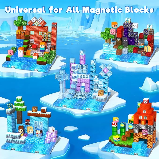 4PCS Magnetic Blocks Base Plates for Kids, 4" x 4" Strong Grip Magnetic Tiles Base Fits Most Popular Magnetic Blocks & Cubes, STEM Building Toy Birthday Gifts for Boys Girls Ages 3+ (Water)