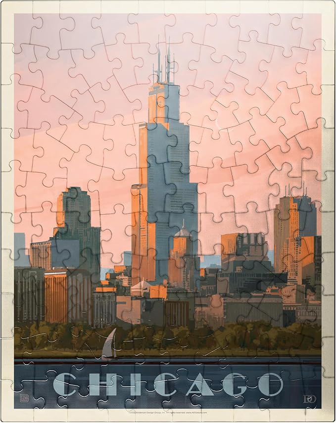 MyPuzzle Chicago Skyline: Lake Michigan, Vintage Poster - Premium 100 Piece Jigsaw Puzzle for Adults