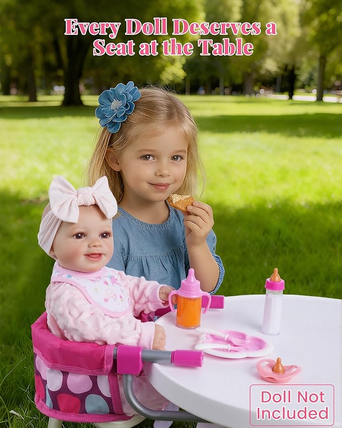 BABESIDE Baby Doll High Chair with Feeding Accessories, Doll High Chair Set for 12-20 Inch Dolls,Baby Doll Highchair & Feeding Set for Pretend Play, Perfect for 3+ Year Old Kids Boys & Girls