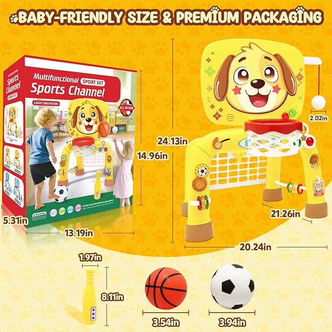 Toys for 1 Year Old Boy - Toddler Basketball Hoop & Soccer Goal & Baseball Activity Center with Light Sound Music, Puppy Montessori Sports Toy, Christmas Birthday Gift for Baby 12-18 Months, Yellow