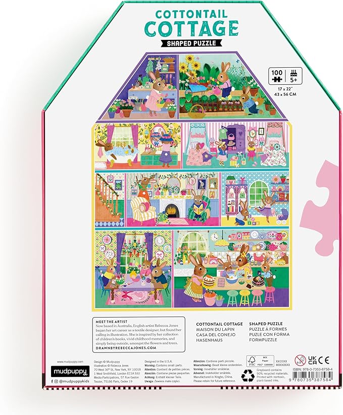 Mudpuppy Cottontail Cottage – 100 Piece Unique House Shaped Scene Puzzle with Colorful and Fun Illustrations of A Bunny Themed House for Children Ages 5-8
