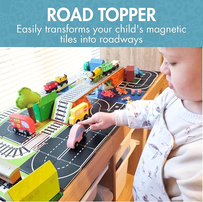 Learn & Grow Magnetic Tiles Road Expansion Pack - 40PCs Road Toppers Set for Cars, STEM Learning & Building Toy - Magnetic Tile Accessories for Kids 3+, Toddler - Add Car Roads to Any Magnet Tiles Set