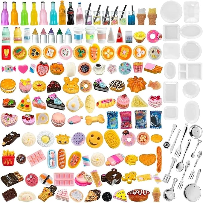150 Pcs Miniature Food Drinks Bottle Toys Mixed for Dollhouse Kitchen Accessories Mini Play Fake Resin Pretend Game Party Tableware 1/12 Doll House Bread Cake Models Micro