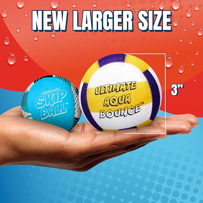 Activ Life Ultimate 2 Pack Larger 3” Water Skip Balls - Bouncing Balls for Swimming Pool & Beach Fun - Designs Include Baseball, Basketball, Volleyball, and Tennis for Kids, Friends, and Family