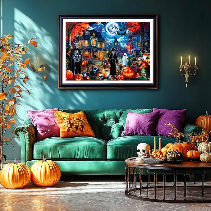 Halloween 1000 Pieces Puzzles for Adults, Halloween Night Horror House Spooky Skeletons and Ghosts Jigsaw Puzzle with Pumpkins for Holiday Party Game, Decor, Gifts (27.5" x 19.7")