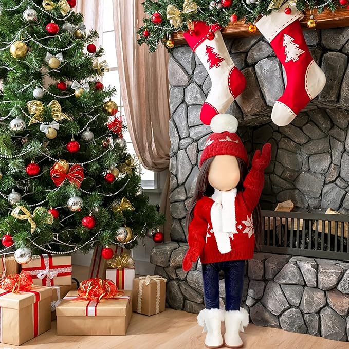 Bencailor 6 Pcs 18 Inch Christmas Doll Clothes and Accessories Winter Outfits Set Sweaters Trousers Hats Shoes Gloves for 18 Inch Doll Gifts(Red White)