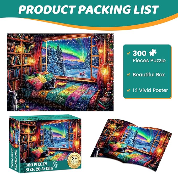 300 Pieces Puzzles for Adults | Winter Aurora Cat Jigsaw Puzzles | Large 300 Piece Puzzle for Children Adults Seniors | Sturdy,Safe | Engaging & Educational Toys Great Gift for Boys Girls 20.5 x 15 in