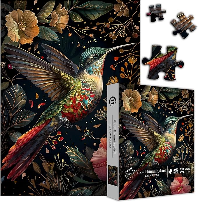Vintage Hummingbird Puzzles for Adults 1000 Pieces, Colorful Flower Hummingbird Jigsaw Puzzles with Animals, Beautiful Bird Floral Impossible Nature Art Themed Puzzle, Hard Challenging for Adults
