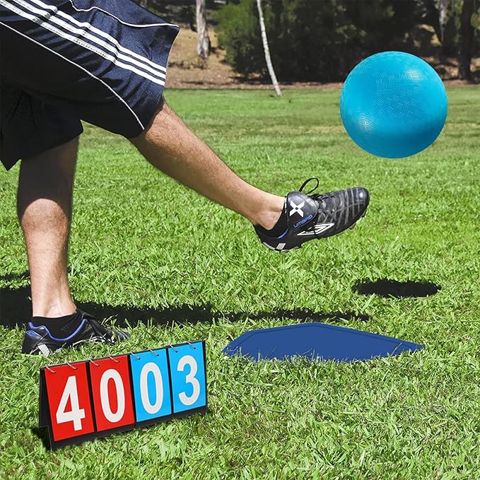 Kickball Set with Bases and Ball - 8.5" Kickball, Rubber Throw Down Bases, Sports Traning Cones, 12" Pump and 14" Scoreboard - Perfect for Kids and Adults - Playground and Backyard Game