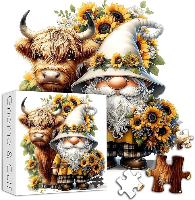 Highland Cow Gnome Puzzles for Adults 1000 Pieces, Nature Sunflower and Cow Puzzles, Animal Plant Floral Themed Jigsaw Puzzles Challenging for Adults