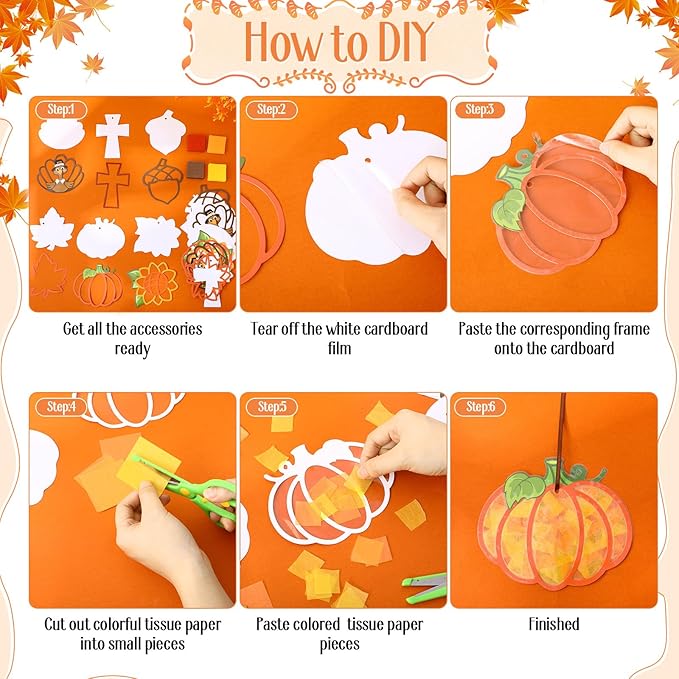 Feifeiya 24 Sets Thanksgiving Crafts Kit DIY Fall Paper Crafts with Colored Tissue Paper Sticker Tool Turkey Pumpkin Leaf Acorn Suncatcher Hanging Ornaments for Classroom Activity Harvest Party Window