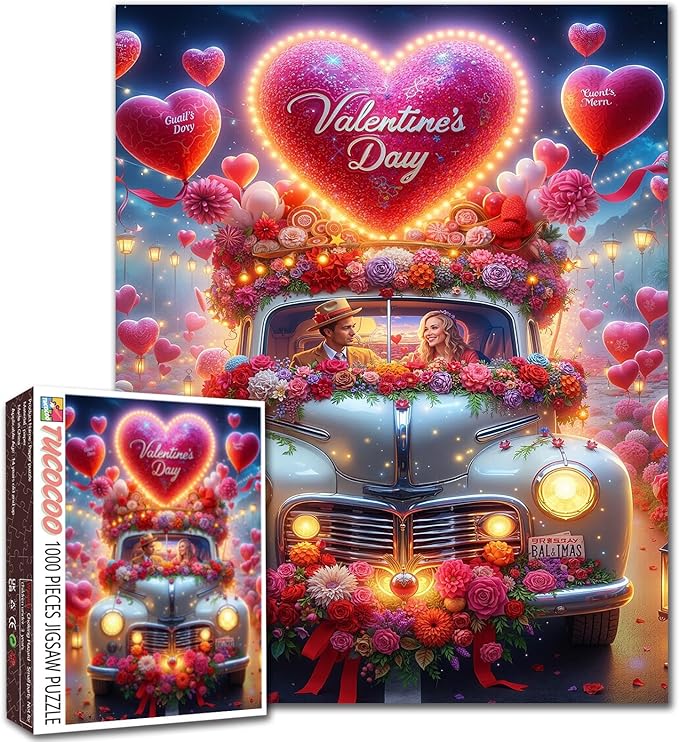 Valentine's Puzzle 1000 Pieces Puzzles for Adults, Heart Balloons Decorate Car Jigsaw Puzzles for Challenging Family Activity Games DIY Puzzle for Home Wall Decor Gifts - 19.7 x 27.6 Inches