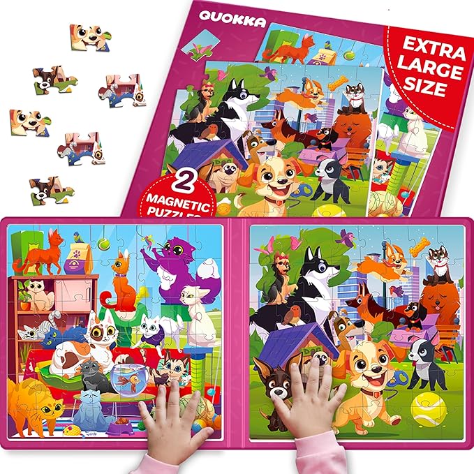 QUOKKA Magnetic Puzzles for Kids Ages 3-5 – 2x48 Pieces Travel Games for Toddlers 2-4 – Cats & Dogs Learning Magnetic Puzzles for Kids Ages 4-8 – Educational Puzzle Gift Toy for Boys and Girls