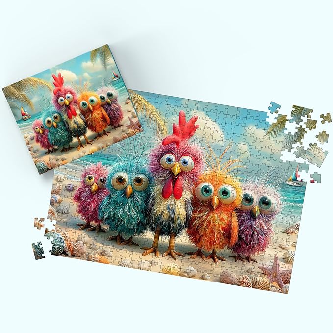Puzzles for Adults 500 Pieces, Chicken Jigsaw Puzzles - Beach Bunch, Impossible Beach Puzzles for Seniors Family, 20.47x14.96 inches, 1:1 Poster, Letter on The Back