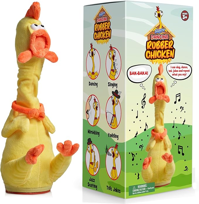 Gagster Rubber Chicken Dancing Toy - Mimicking Toy for Kids - that Repeats What You Say & Tells Jokes, Singing & Talking, Electronic Yodeling for Anyone Who Loves Talking and Funny Gag Gifts