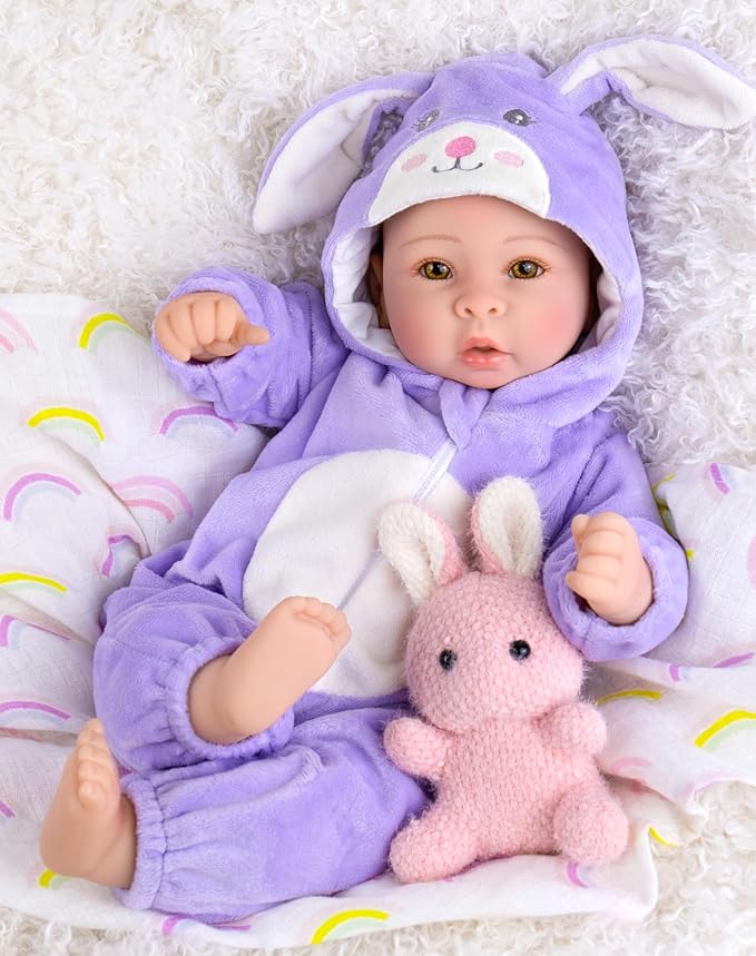Aori Real Baby Dolls - 17 Inch Realistic Baby Doll with Soft Body & Purple Bunny Outfits for Girls 3+ Pretend Play, Dress Up, Nursery Decor