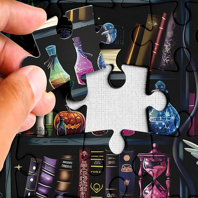 Magic Book Library Puzzles for Adults 1000 Pieces, Funny Halloween Bookshelf Jigsaw Puzzle, Difficult Bottle Owl Art Puzzles