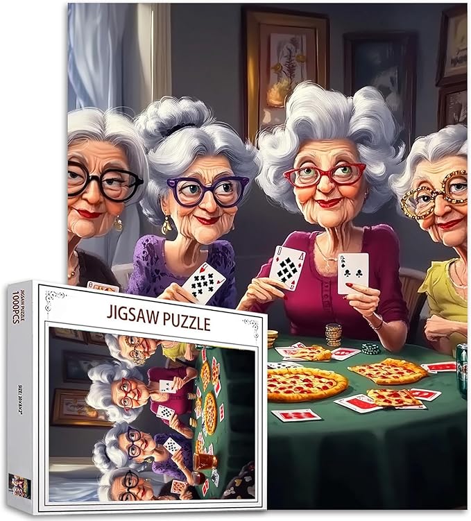 Old Woman Jigsaw Puzzles 1000 Pieces for Adults, Families(Girl,Lady,Pizza,Playing Card,Red Wine,Friends) Pieces Fit Together Perfectly 19.7''x27.6''inch Romantic Friendship Frameable Magic Puzzle Art