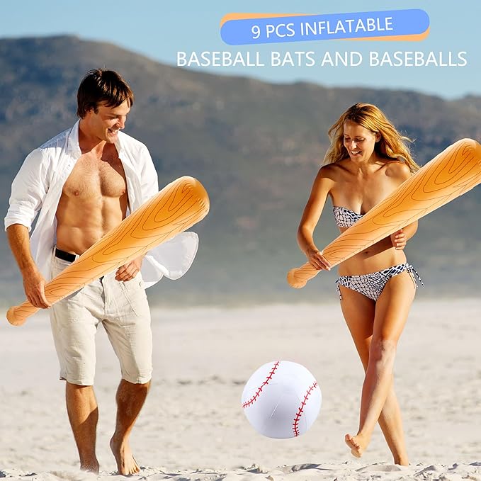 9 Pack Inflatable Bat Set Include 6 Pcs 32 Inch Blow up Baseball Bat and 3 Pcs Ball Inflates Inflatable Wood Grain Bat for Summer Pool Sports Theme Birthday Party Favors