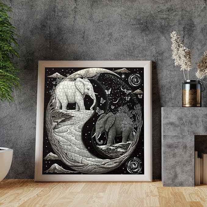 Elephant Moon Yin Yang Puzzle 1000 Piece for Adults, Stars River Tree Fantasy Jigsaw Puzzle, Galaxy Butterfly Mountains Animals Puzzles
