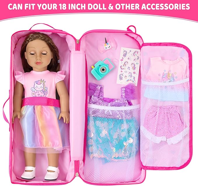 18 Inch Doll Storage Bag - 5PCS Unicorn Theme 18In Doll Accessories Set with Rainbow Dress, Hair Clip, Camera, Stickers & Fashion 18 Inch Dolls Carrier Bag | Perfect for 18" Dolls