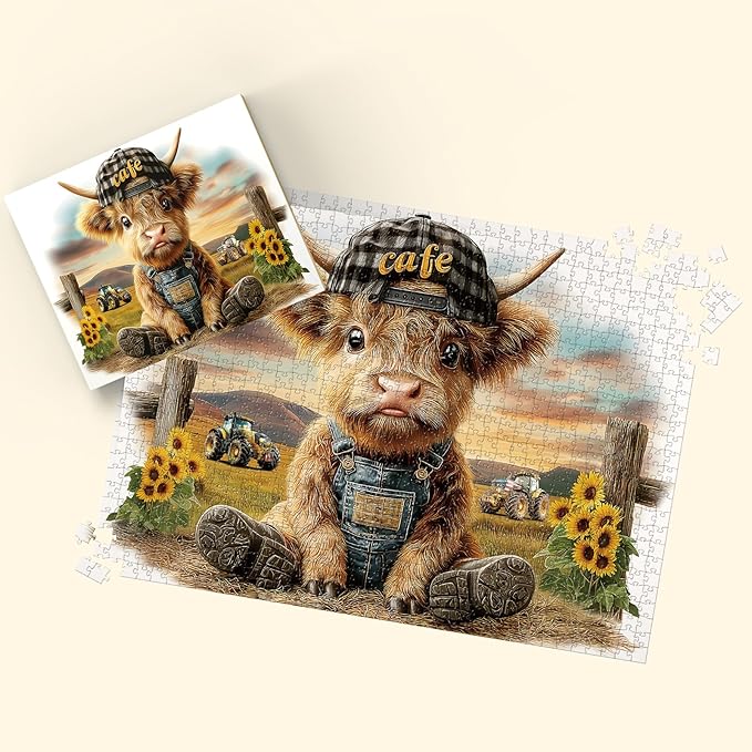 Puzzles for Adults 1000 Pieces, Highland Cow Jigsaw Puzzles - Cool Calf, Impossible Cow Puzzle for Seniors Family, 27.56 x 19.69 inches, 1:1 Poster, Letter on The Back
