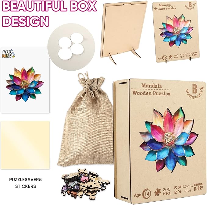 Bodhipnjoy Wooden Puzzles for Adults, 500 Pieces Stainless Glass Lotus Flower Jigsaw Puzzles, Unique Shape Lotus Yoga Family Games Puzzles, Have Challenging Gifts on Mother's Day 16.5x16.5 Inch