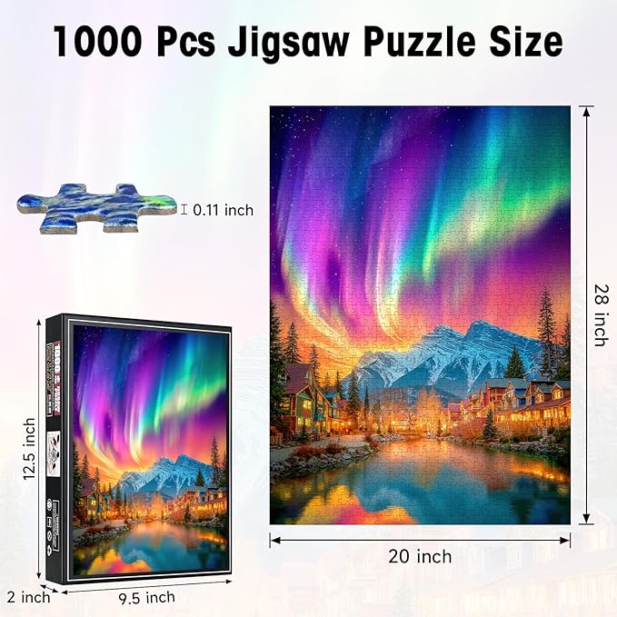 Puzzles for Adults 1000 Pieces, Northern Lights Aurora Over Mountain Village Winter Landscape Jigsaw with Letters on Back, 20x28 Inch Wall Art, Challenging Relaxing Family Game