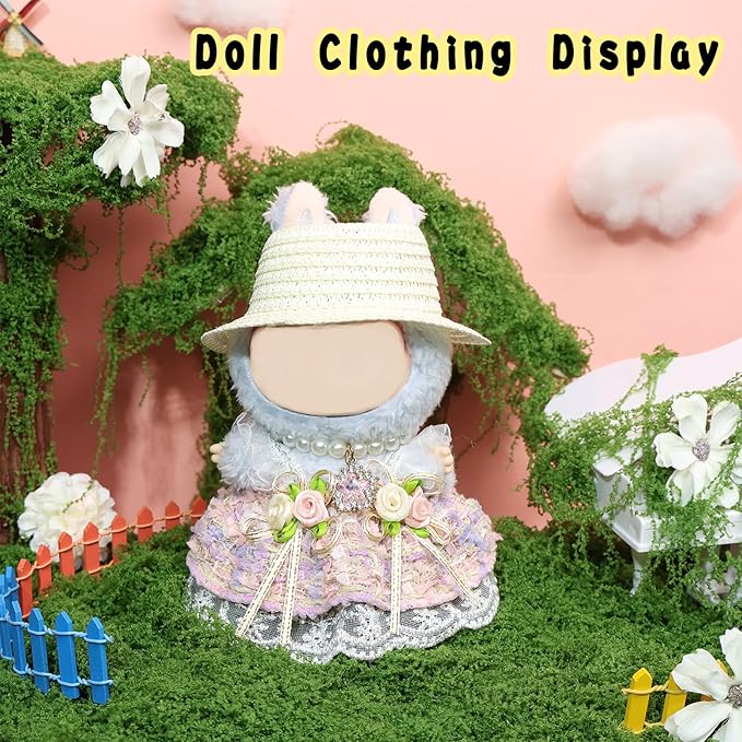 Clothes for labubu Skirt Set for Doll 3 Piece Set with Dress Outfit Hat Necklace Chic Dress for Dolls Accessories (NO Doll)(Pastel Tweed)