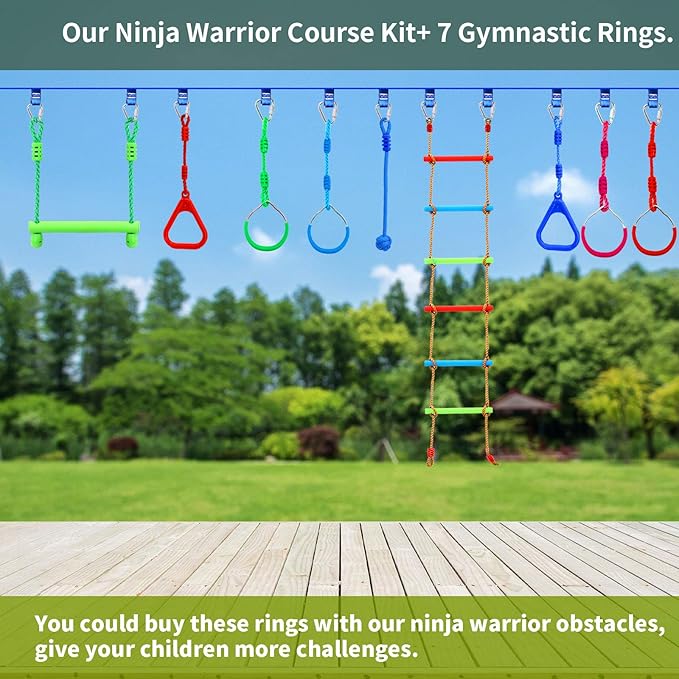 7PCS Colorful Ninja Rings - Gymnastic Rings, Swing Bar Rings, Monkey Rings, Climbing Rings Outdoor Backyard Play Sets Playground Equipment for Ninjaline Obstacle Accessories