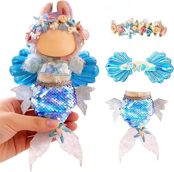 Dreamy Ocean Mermaid Style for LABUBU Clothes or LABUBU Outfits, Sparkly Tail with Shell Wings & Starfish Crown, Cute Clothes and Accessories Set, Easy to Wear Gift for The Festivals.