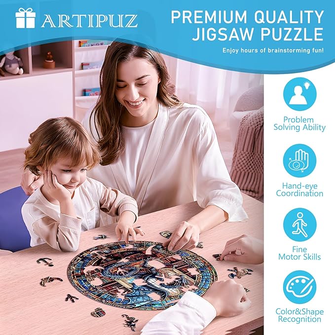 Wooden Puzzles for Adults - The Dragon's Library Wooden Puzzle, Unique Shape Wood Jigsaw Puzzle for Adults, Wood Puzzles Adult, Dragon Gifts for Family, Wall Art Home Decor (300pcs 13.4 * 13.4in L)