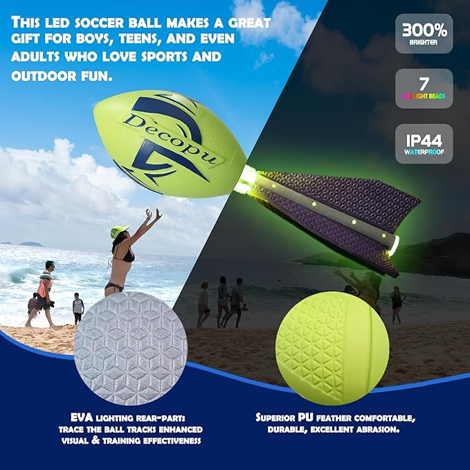 Rechargeable Glow in The Dark Light Up Football-7RGB Color Changing LED, Impact-Responsive, Durable Foam (No Pump), Perfect for Beach/Park/Backyard, Birthday Gift for Boys 6-15 Years Old